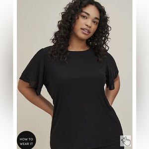 STRETCH MESH AND STRETCH CHALLIS CREW NECK DOUBLE FLUTTER SLEEVE TOP